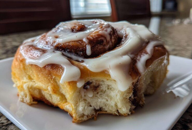 A close-up of a fluffy, freshly baked cinnamon bun generously topped with thick white icing.