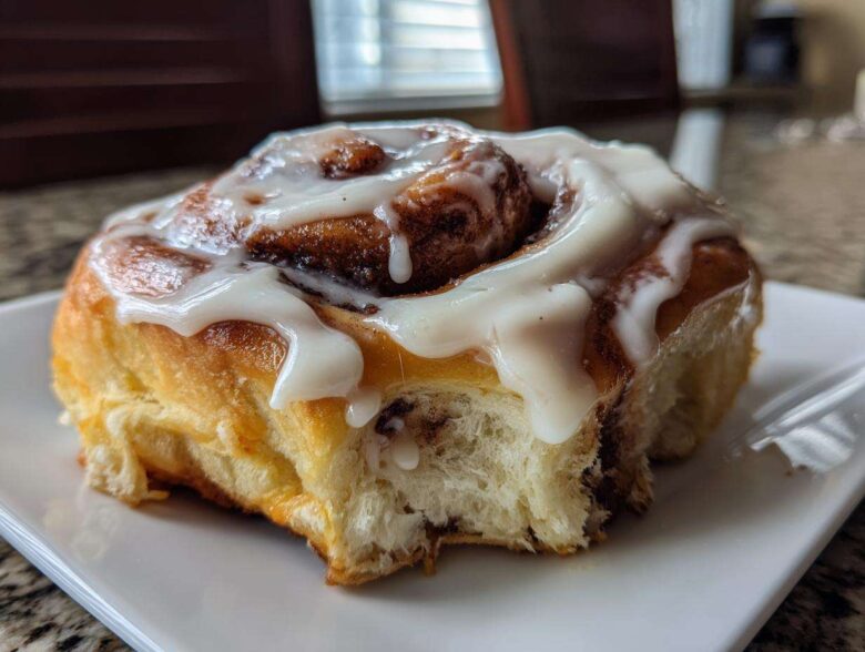 A close-up of a fluffy, freshly baked cinnamon bun generously topped with thick white icing.