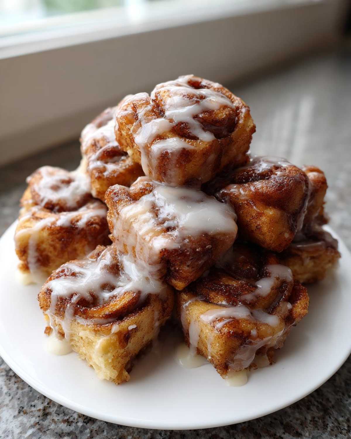 A close-up stack of freshly baked, gooey cinnamon roll bites drizzled generously with white icing.