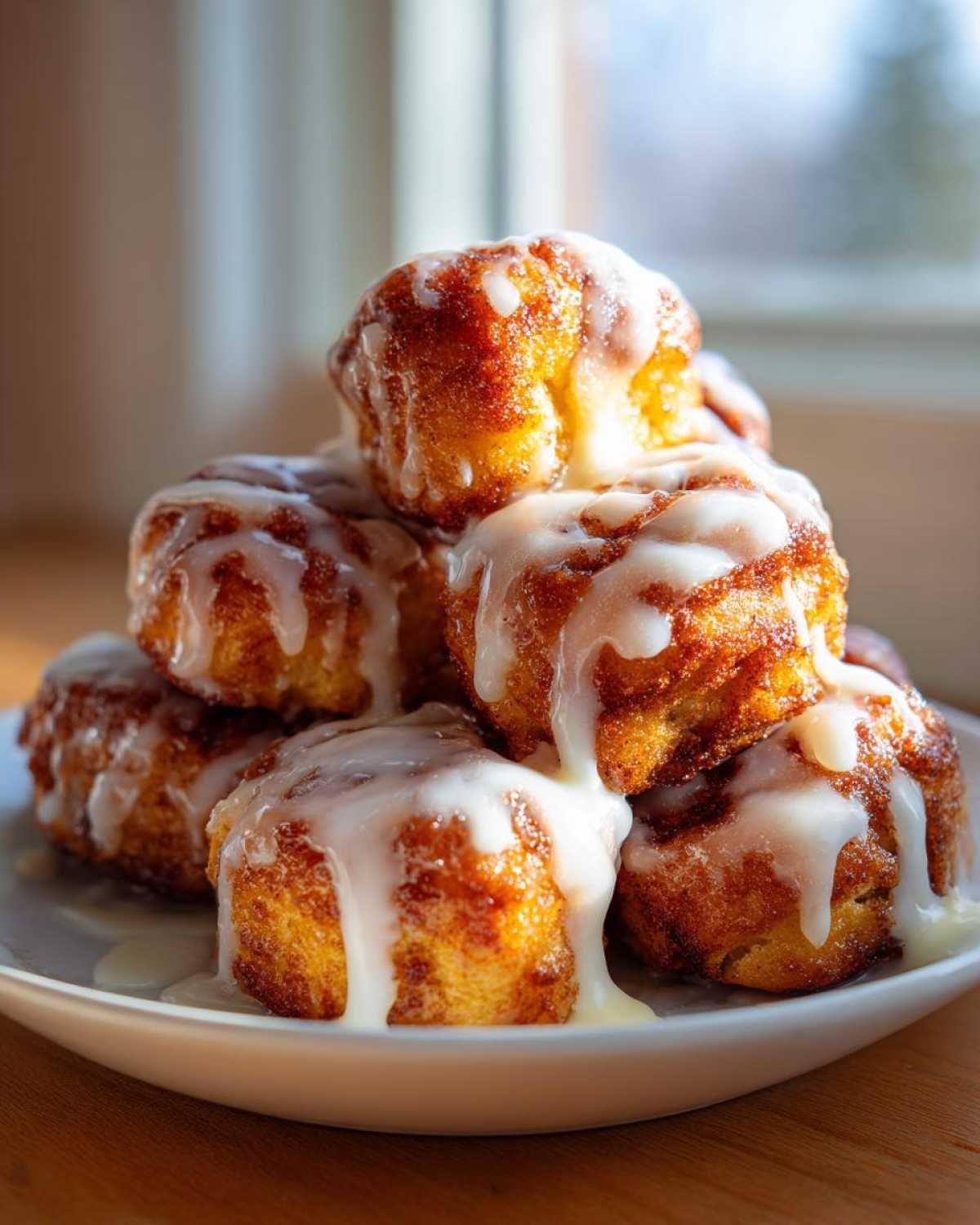 A tempting stack of golden brown cinnamon roll bites generously drizzled with thick white icing.