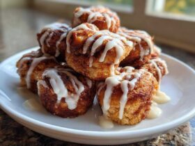 A stack of freshly made, gooey cinnamon roll bites drizzled generously with white icing on a white plate.