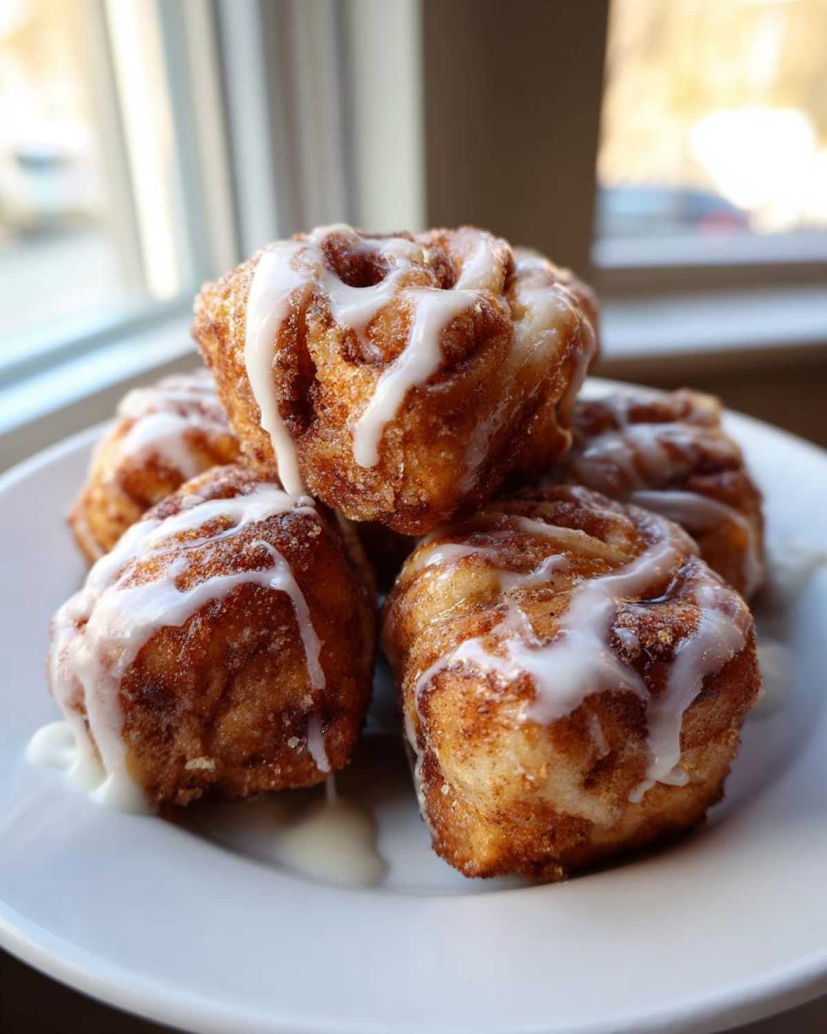 A stack of five gooey cinnamon roll bites drizzled generously with white icing, sitting on a white plate.