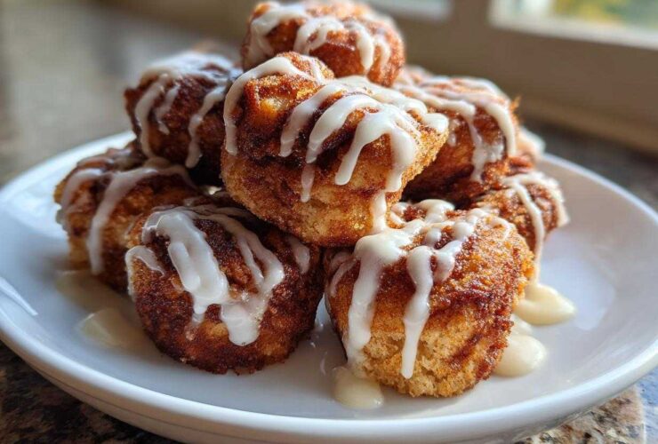 A stack of freshly made, gooey cinnamon roll bites drizzled generously with white icing on a white plate.