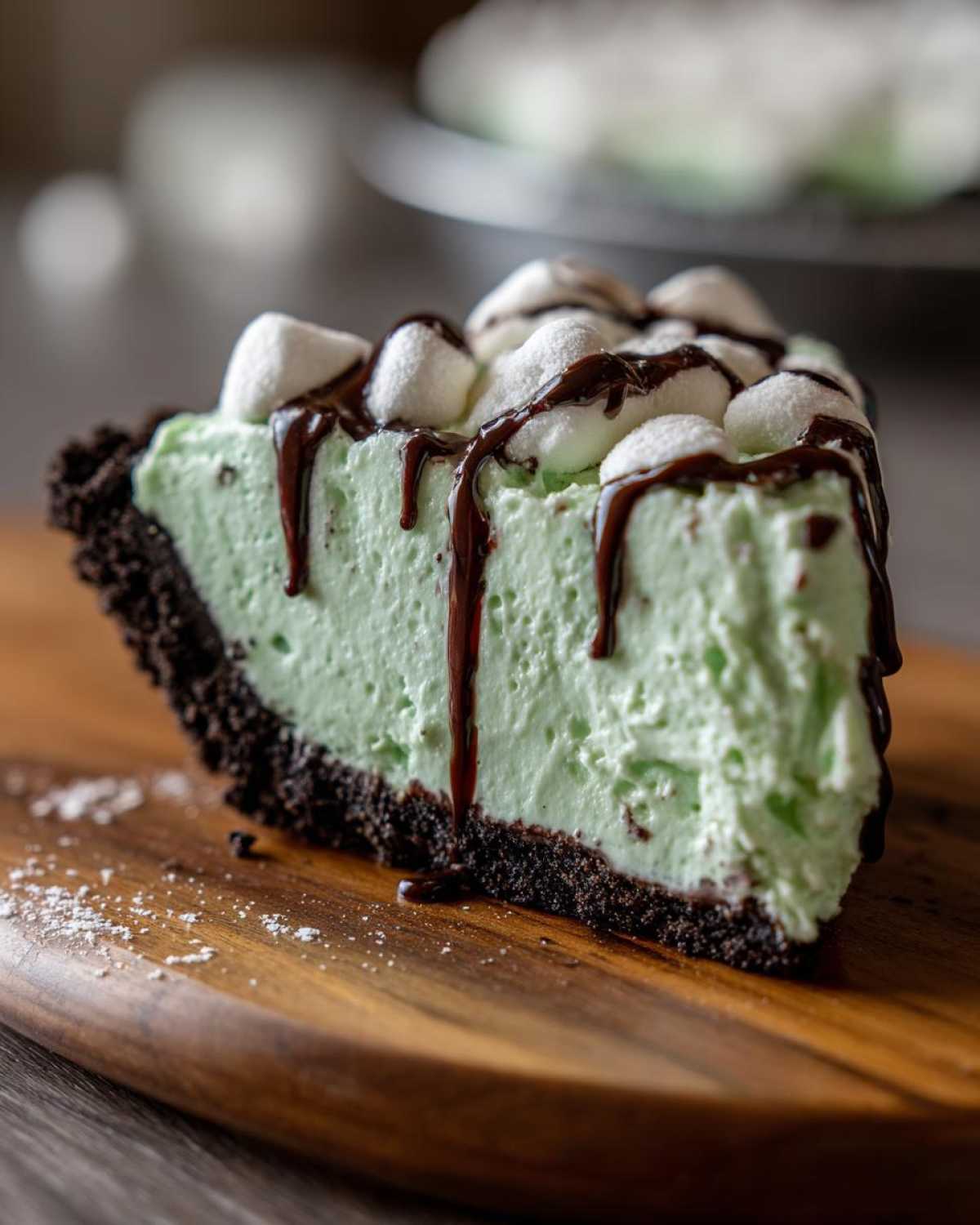 A decadent slice of grasshopper pie with a mint green filling, chocolate crust, topped with mini marshmallows and chocolate syrup.