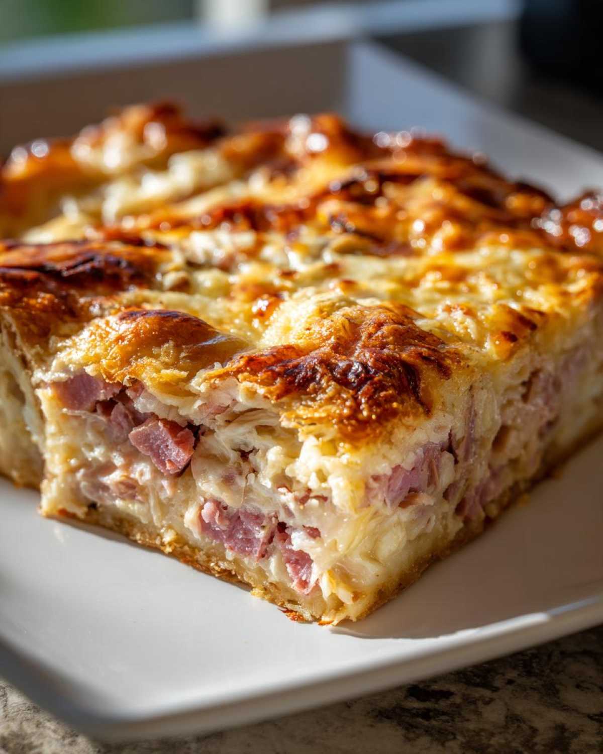Close-up of a hearty slice of homemade Reuben bake showing layers of corned beef/ham, cheese, and a golden, bubbly crust.