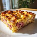 A close-up of a golden-brown square slice of homemade Reuben bake showing layers of corned beef and melted cheese.