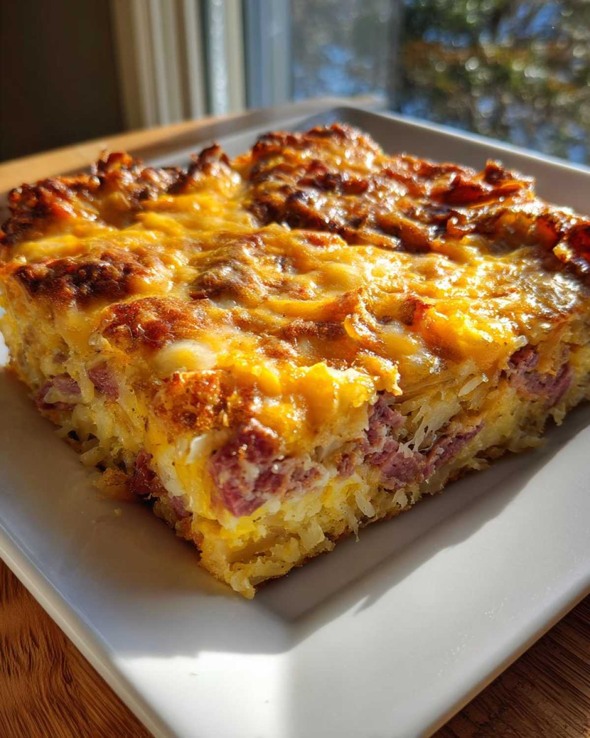 A square slice of homemade Reuben bake featuring corned beef, hash browns, and a bubbly, golden melted cheese topping.