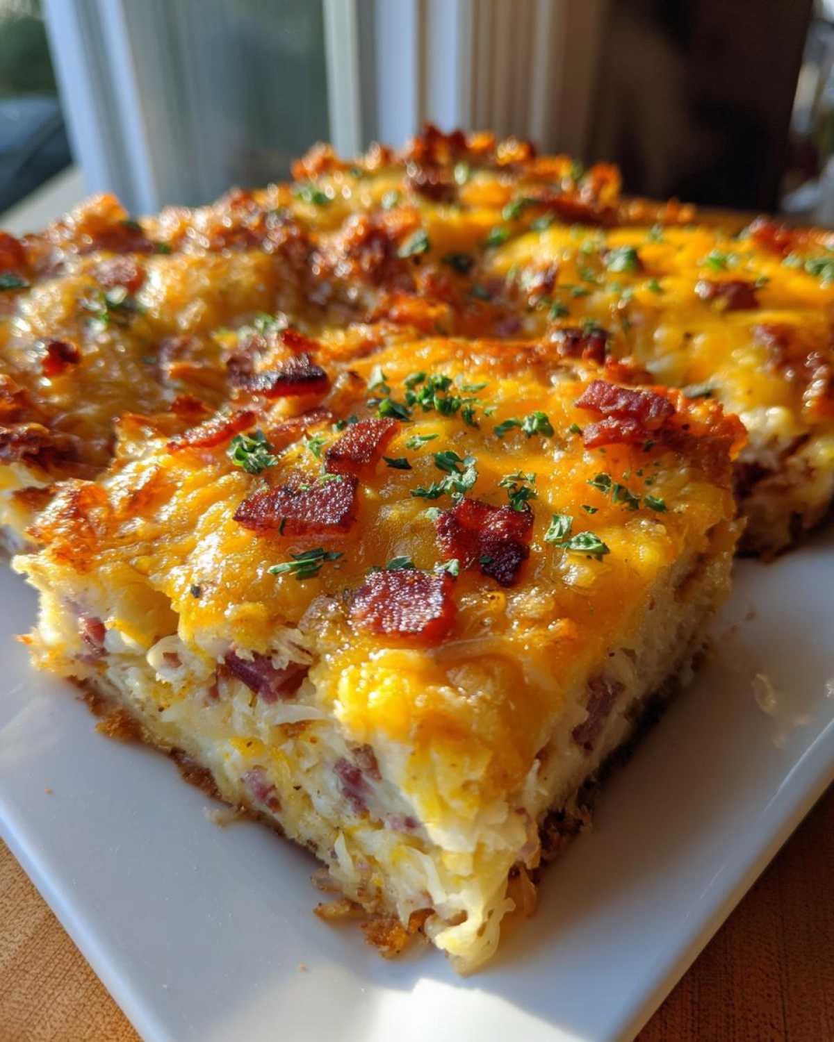 A close-up slice of homemade Reuben bake, featuring shredded potatoes, corned beef, melted cheese, and bacon bits.