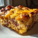 Close-up of a square slice of homemade Reuben bake featuring corned beef and melted cheddar cheese topping.
