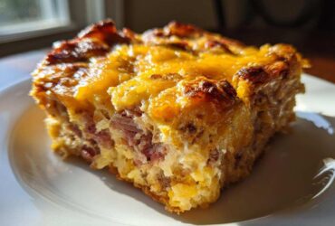 Close-up of a square slice of homemade Reuben bake featuring corned beef and melted cheddar cheese topping.