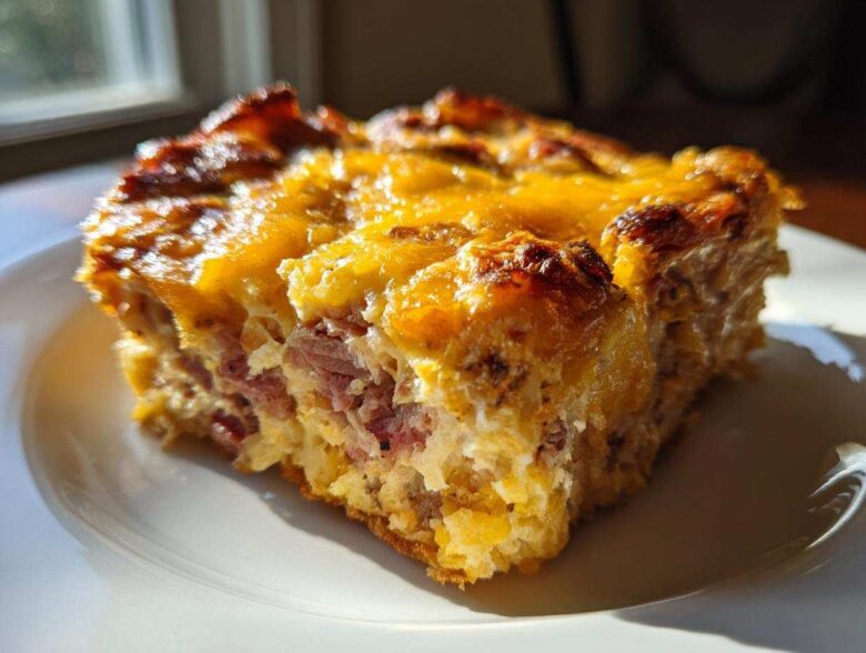 Close-up of a square slice of homemade Reuben bake featuring corned beef and melted cheddar cheese topping.