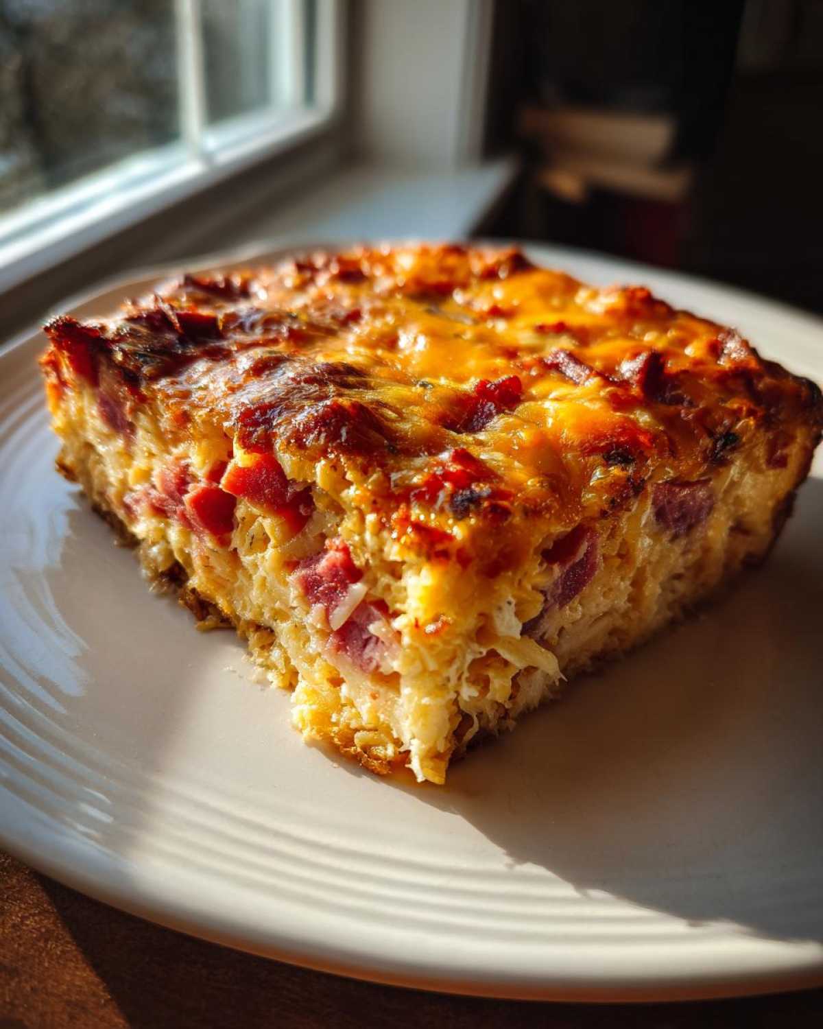 A square slice of golden-brown homemade Reuben bake with melted cheese and visible corned beef chunks, served on a white plate.