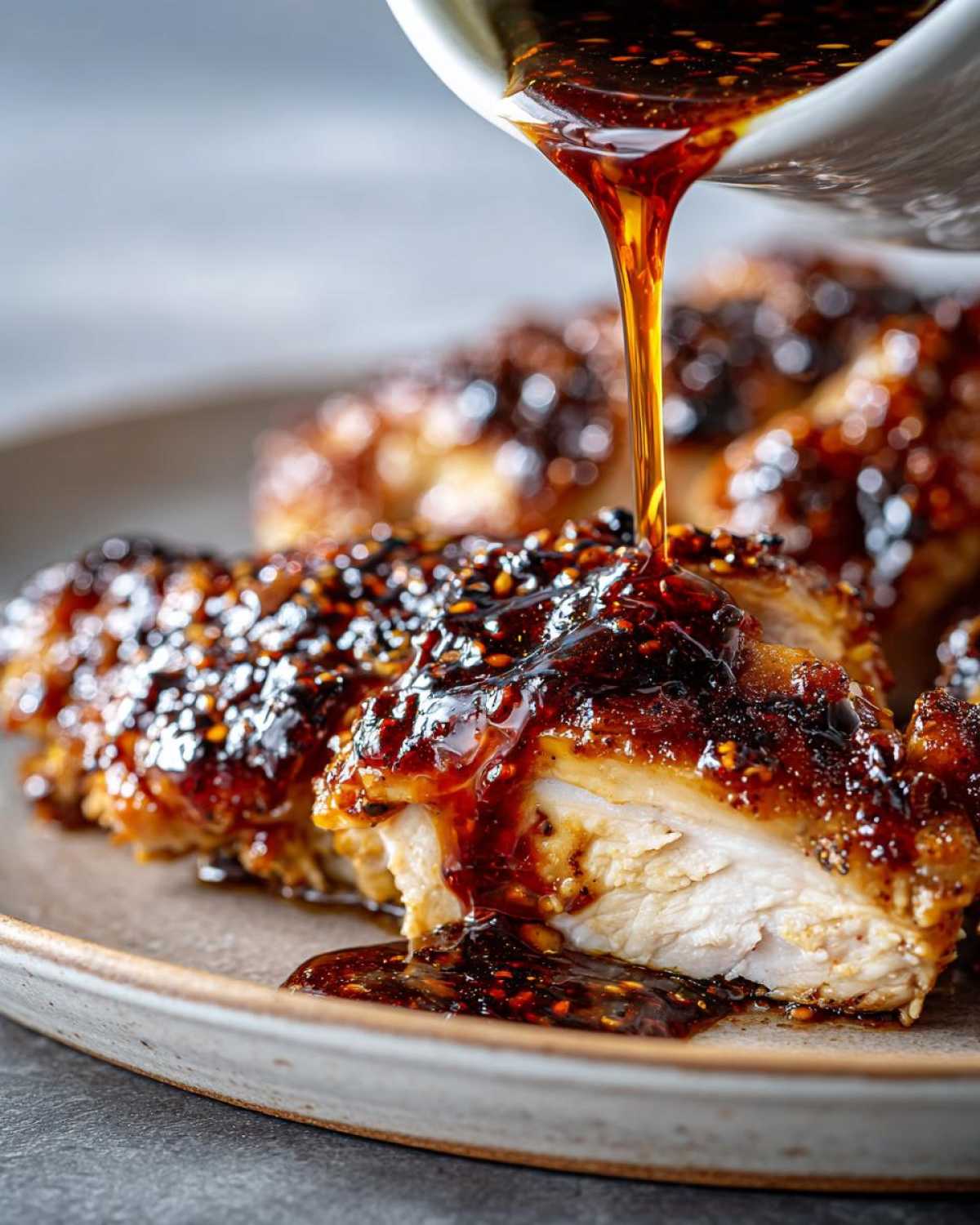 Close-up of thick, homemade teriyaki sauce being poured over sliced, glazed chicken breast on a plate.