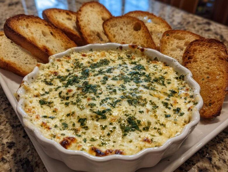A bubbling, hot cheesy bread dip topped with parsley, served with toasted bread slices for dipping.