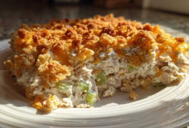 A close-up serving of hot chicken salad casserole featuring shredded chicken, celery, and a golden, crunchy topping.