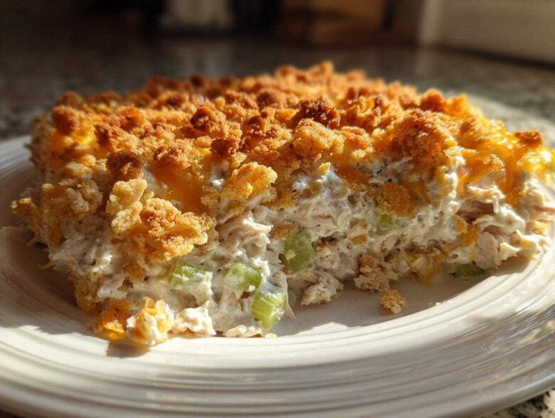A close-up serving of hot chicken salad casserole featuring shredded chicken, celery, and a golden, crunchy topping.
