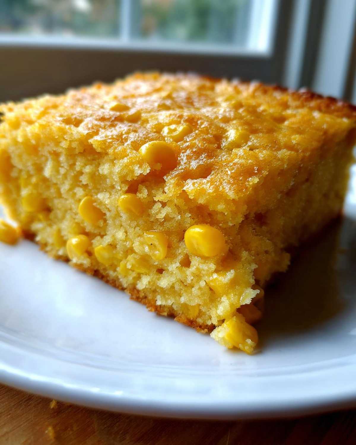 A close-up of a golden slice of jiffy corn casserole, studded with sweet corn kernels, served on a white plate.