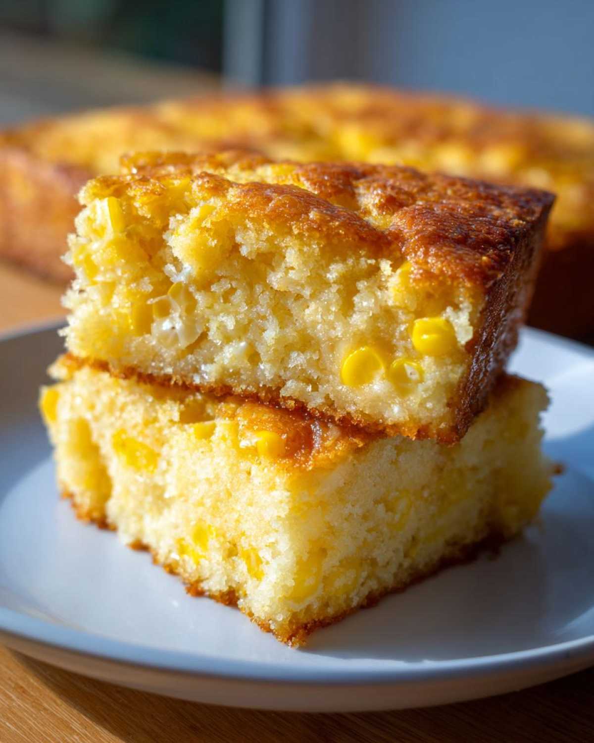 Two stacked, moist squares of golden jiffy corn casserole showing whole corn kernels inside.