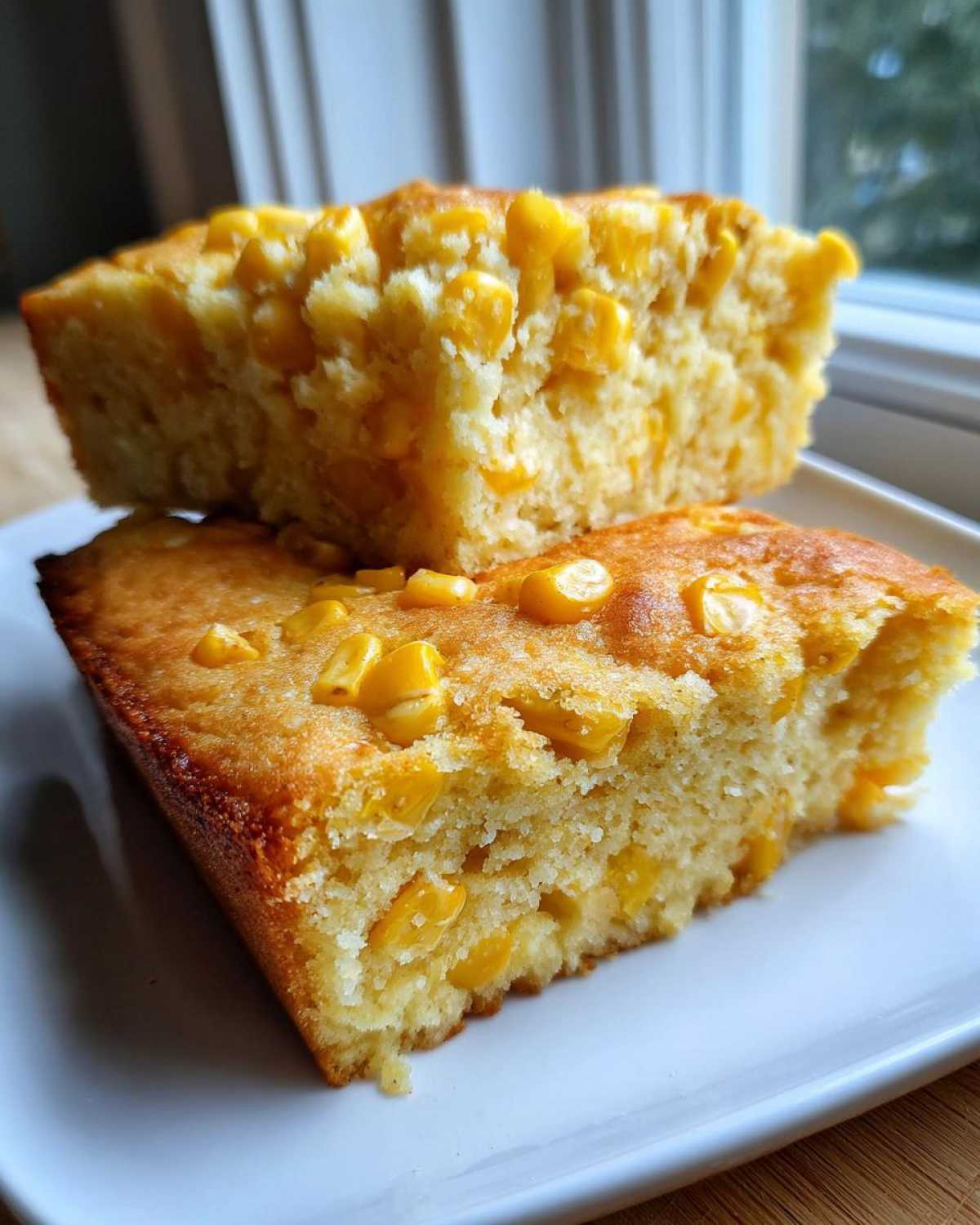 Two stacked slices of golden Jiffy corn casserole, rich with whole corn kernels, on a white plate.