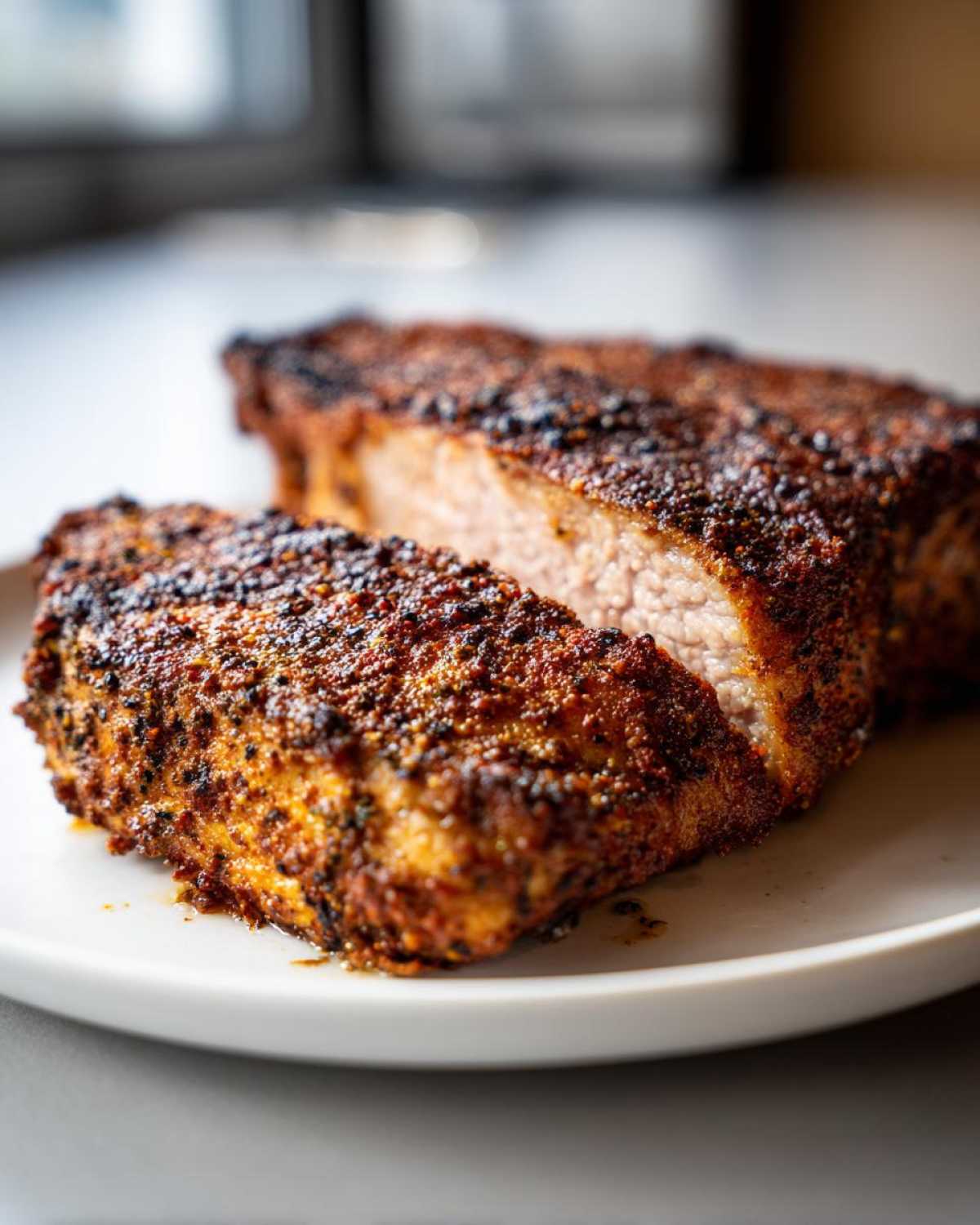 Close-up of a thick, juicy air fryer pork chop, sliced to show the perfectly cooked interior and dark spice rub.