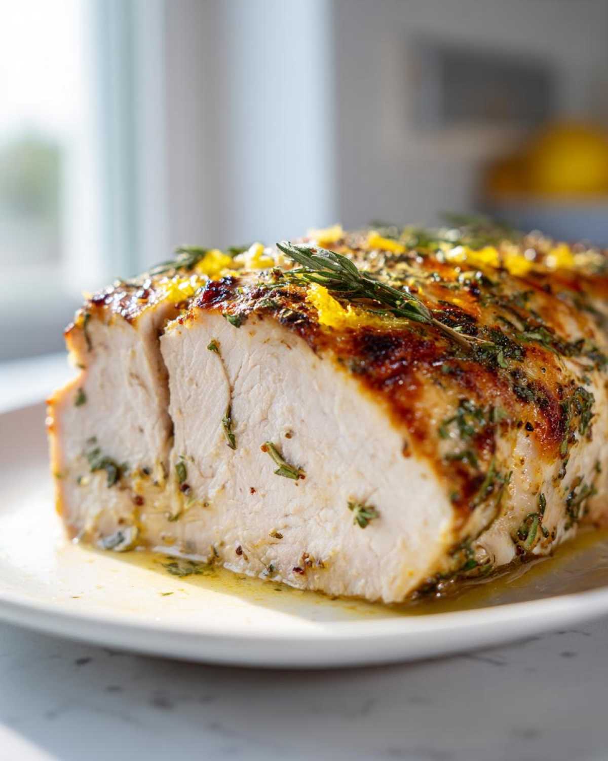 Cross-section of a perfectly cooked baked chicken breast, seasoned with herbs and bright lemon zest.