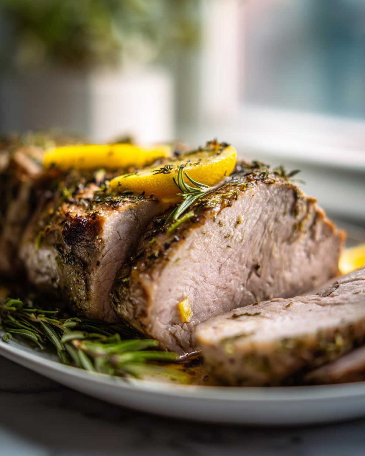 Close-up of sliced, juicy baked chicken breast seasoned with herbs and topped with lemon slices.