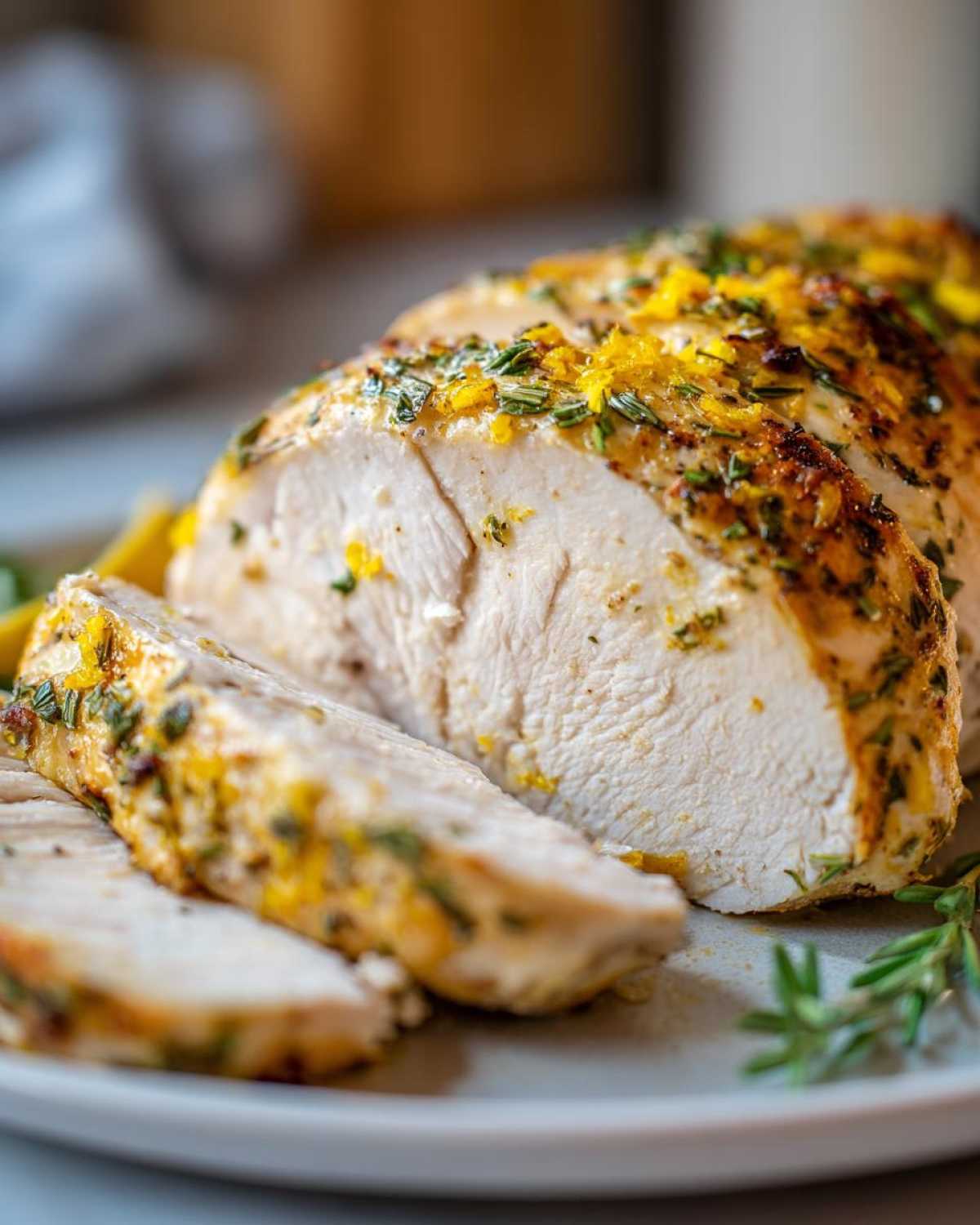 Close-up of perfectly cooked and sliced baked chicken breast seasoned with lemon zest and rosemary.