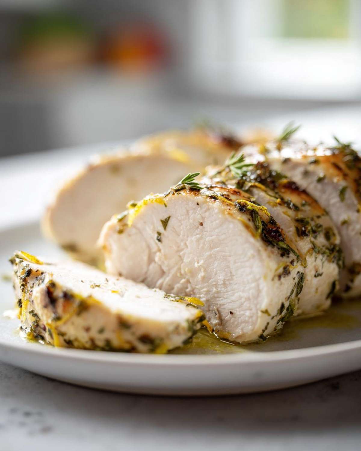 Close-up of juicy, sliced baked chicken breast seasoned with herbs and lemon zest, resting in pan juices.