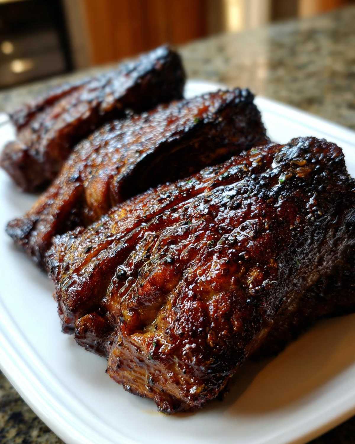 Close-up of three thick, glazed, and caramelized pieces of pork steak resting on a white serving platter.