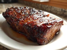 Close-up of a thick, juicy pork steak recipe cut, featuring a dark, caramelized, and glossy glaze.