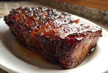Close-up of a thick, juicy pork steak recipe cut, featuring a dark, caramelized, and glossy glaze.