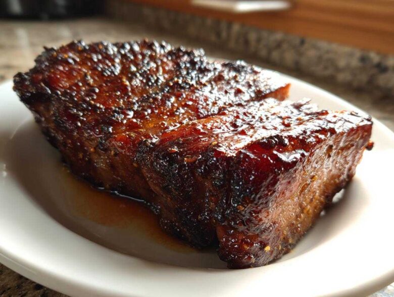 Close-up of a thick, juicy pork steak recipe cut, featuring a dark, caramelized, and glossy glaze.