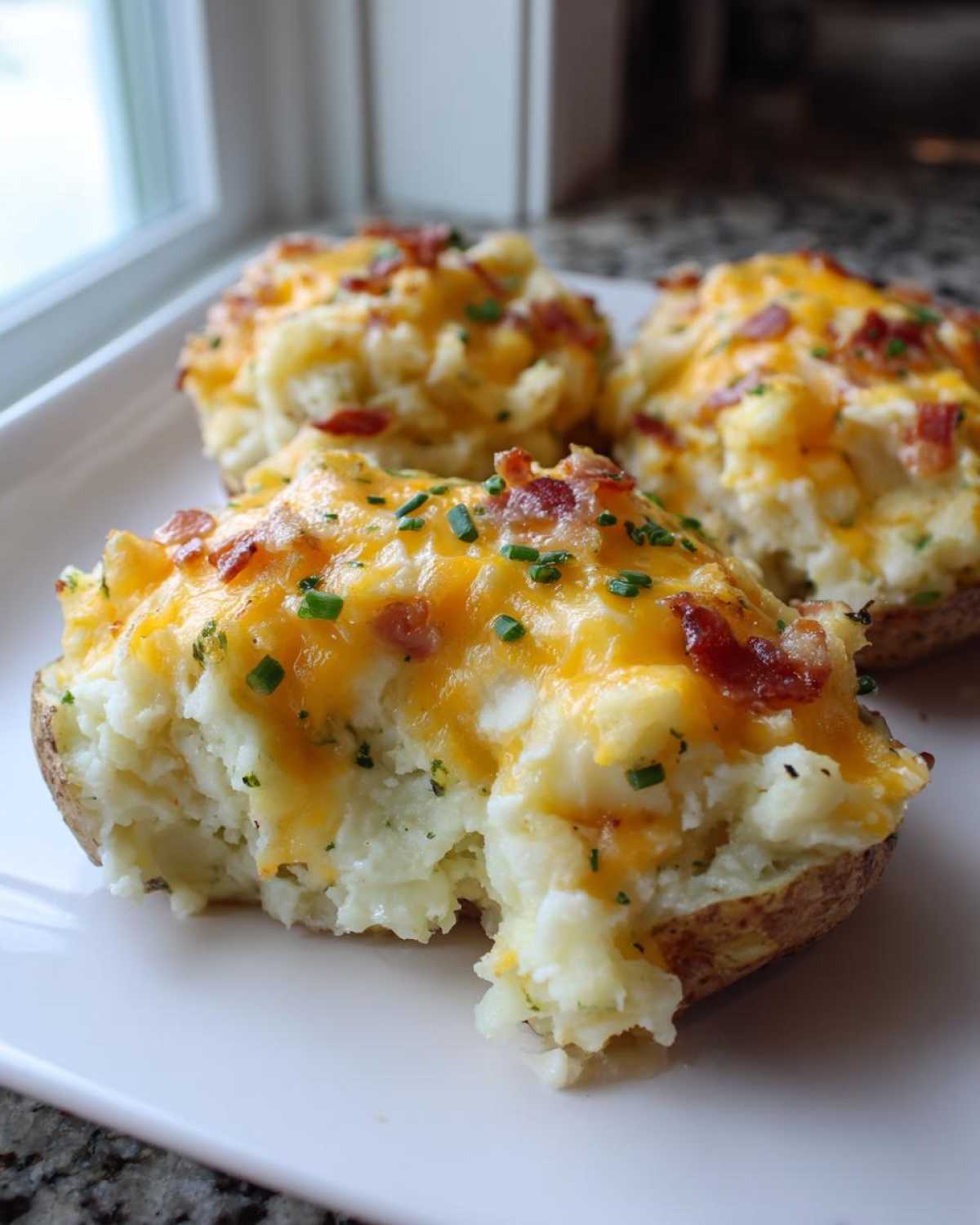 A close-up view of a serving of baked potato casserole, topped with melted cheddar cheese, bacon bits, and chives.