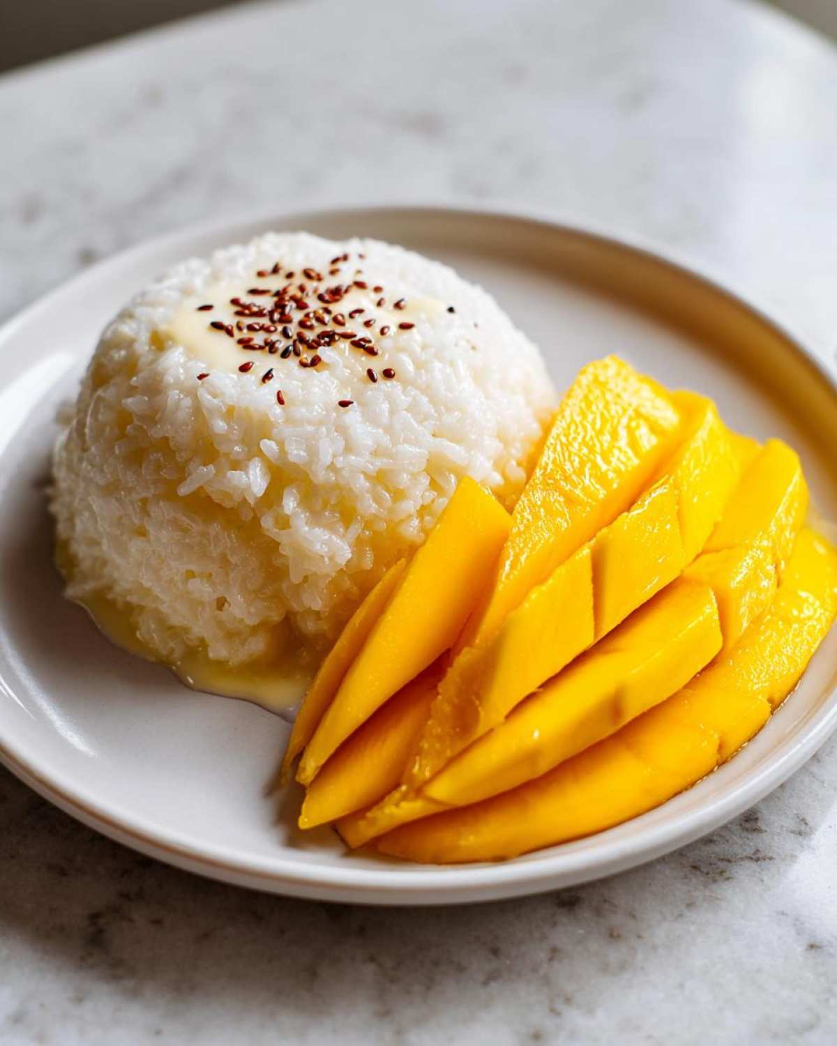 A serving of mango sticky rice, featuring a dome of white rice topped with coconut cream and toasted seeds, next to bright yellow mango slices.