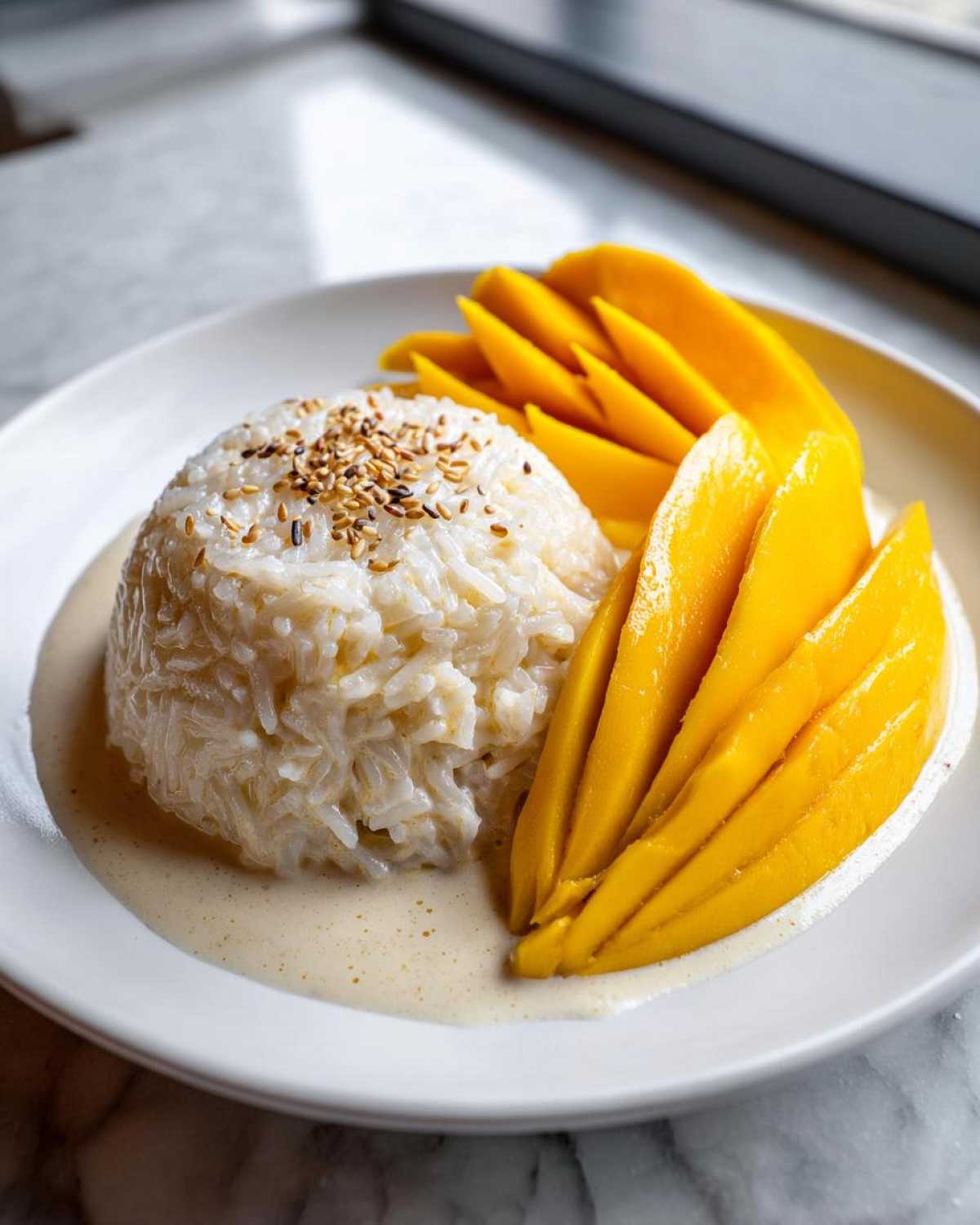 A beautifully plated serving of mango sticky rice, featuring a mound of sweet rice topped with sesame seeds next to sliced fresh mango.