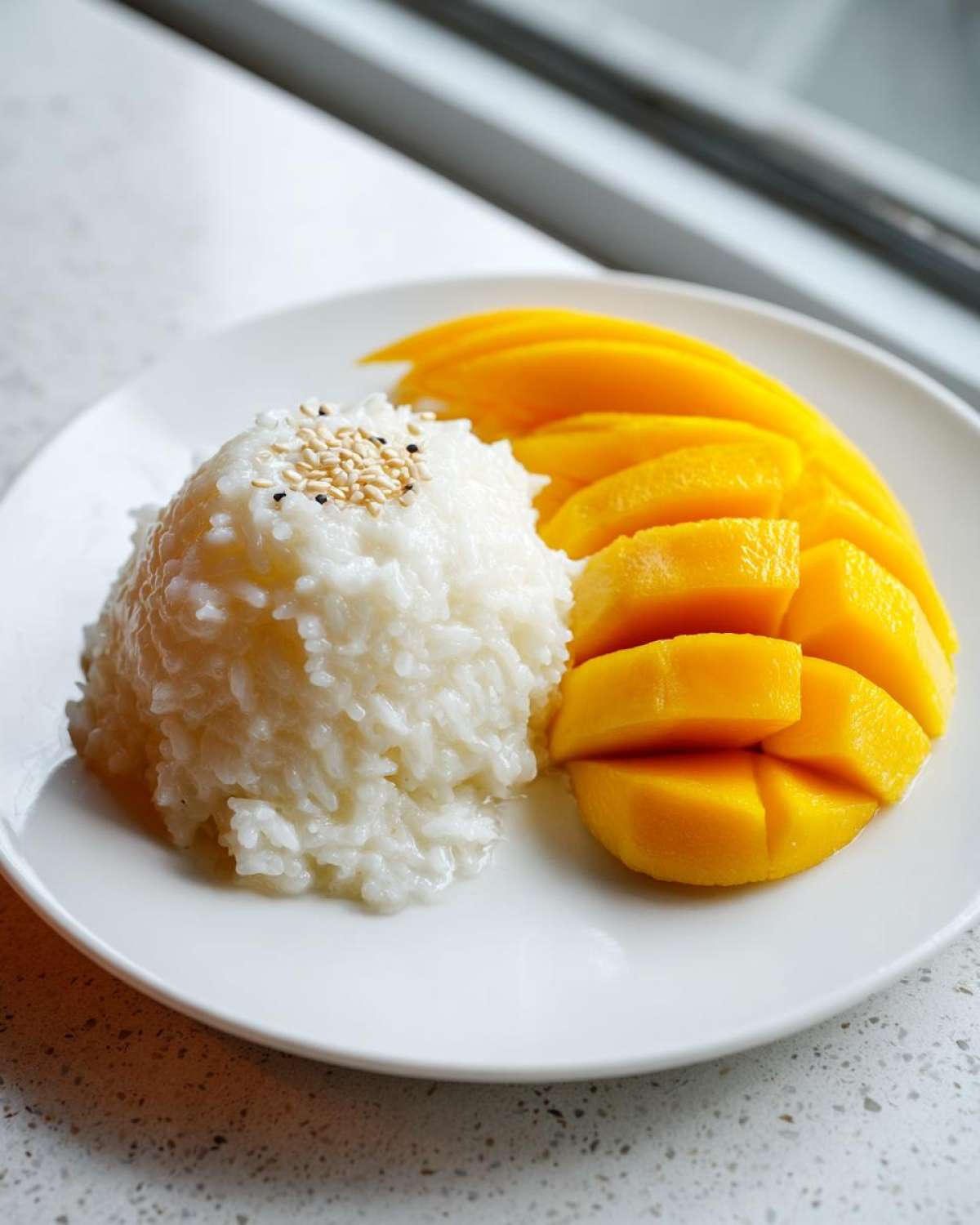 A serving of sweet mango sticky rice topped with toasted sesame seeds on a white plate.