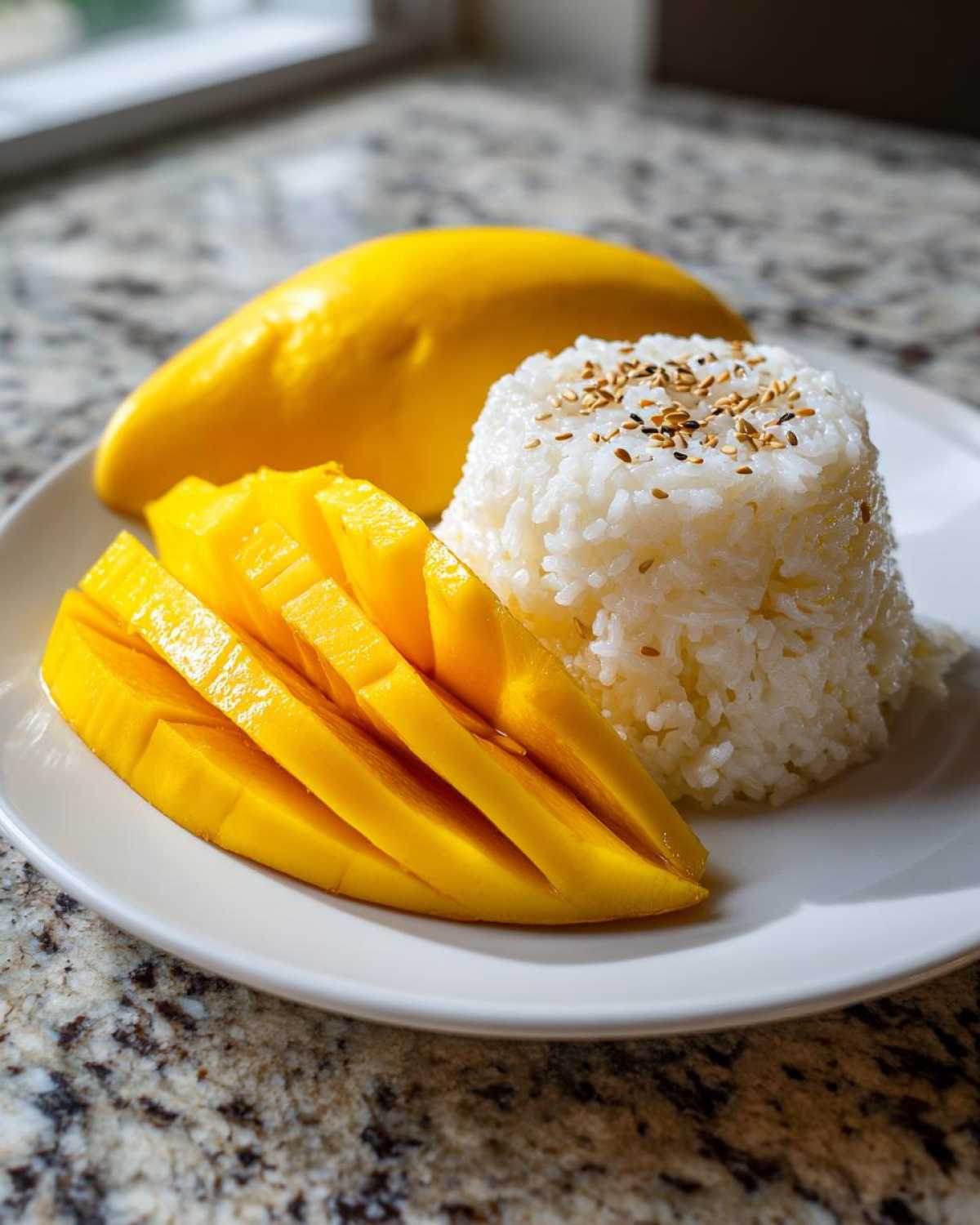 A serving of mango sticky rice featuring sliced fresh mango and a mound of sweet rice topped with toasted sesame seeds.
