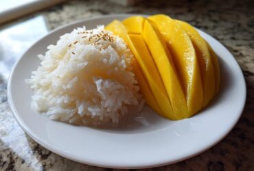 A plate of sweet mango sticky rice, featuring bright yellow sliced mango next to white sticky rice topped with sesame seeds.