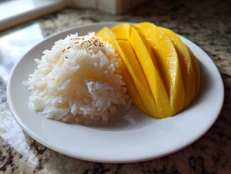 A plate of sweet mango sticky rice, featuring bright yellow sliced mango next to white sticky rice topped with sesame seeds.