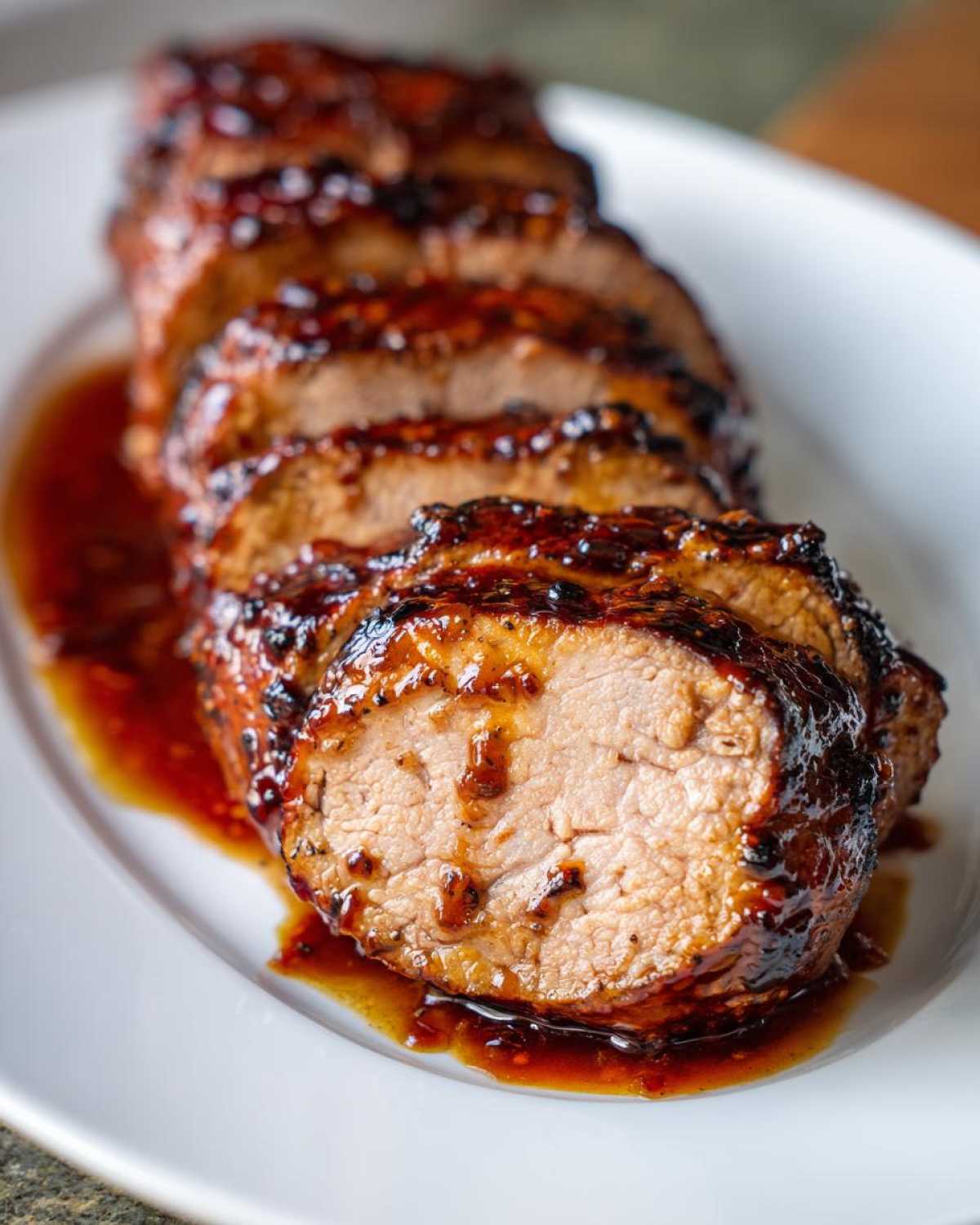Close-up of sliced maple mustard pork tenderloin covered in a rich, dark glaze resting in sauce on a white platter.