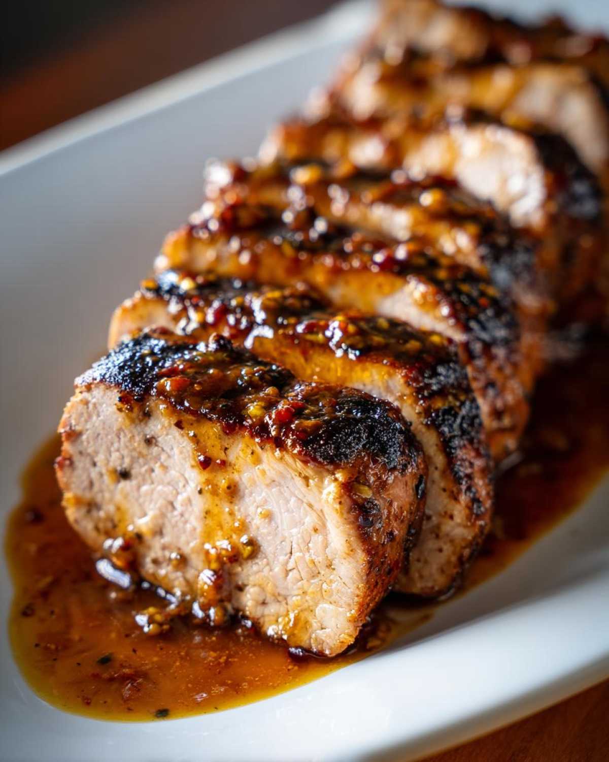Four thick slices of glazed maple mustard pork tenderloin resting in sauce on a white plate.