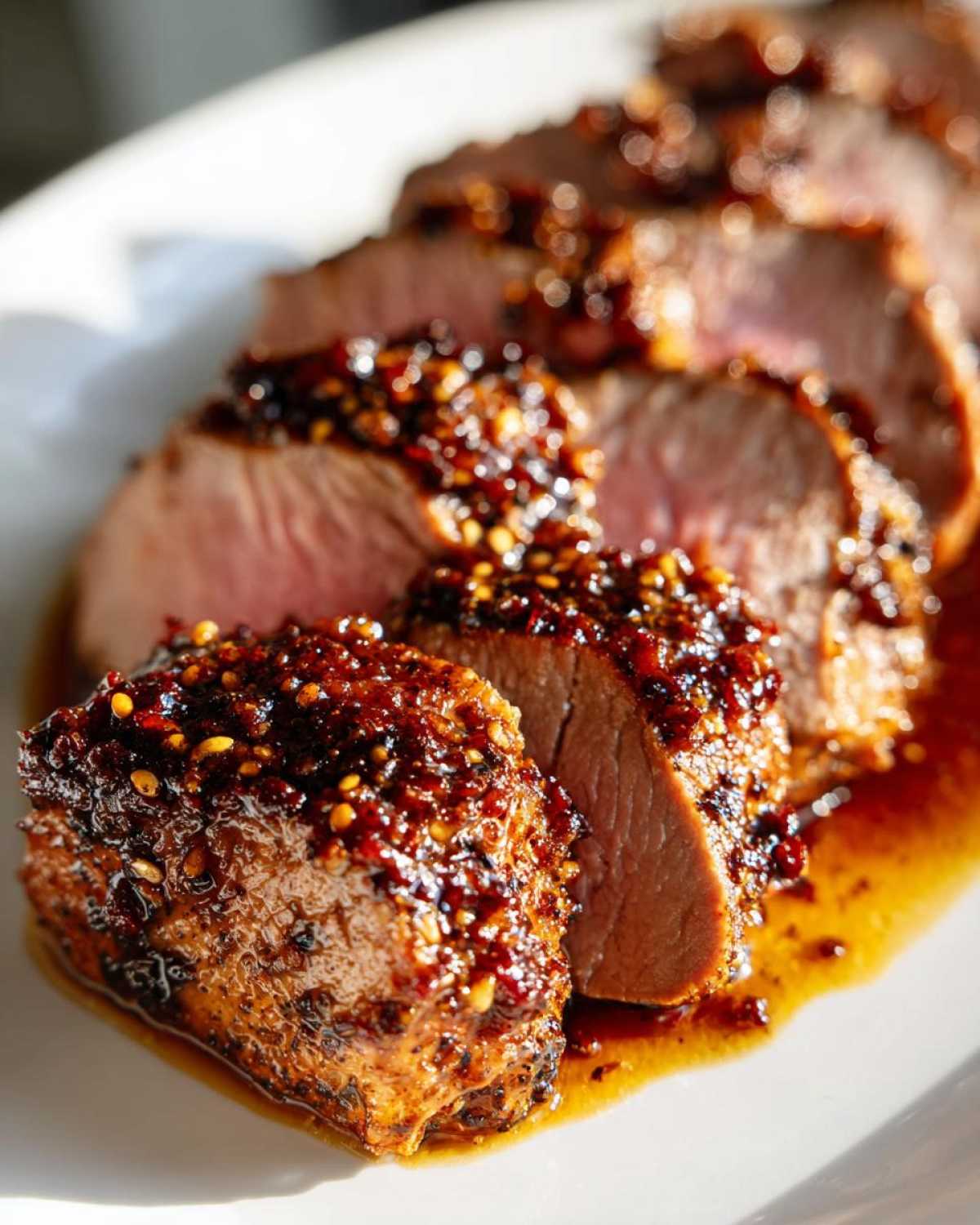 Close-up of sliced maple mustard pork tenderloin covered in a thick, glistening glaze with visible mustard seeds.