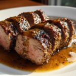 Close-up of sliced maple mustard pork tenderloin, perfectly cooked medium-rare, resting in its savory glaze on a white plate.