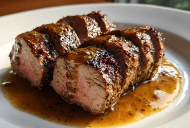 Close-up of sliced maple mustard pork tenderloin, perfectly cooked medium-rare, resting in its savory glaze on a white plate.