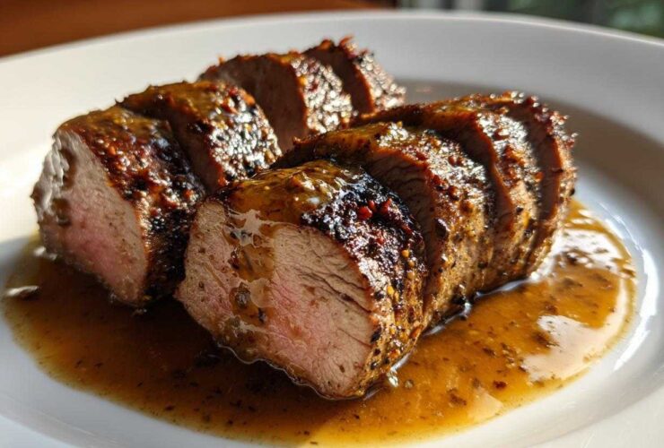 Close-up of sliced maple mustard pork tenderloin, perfectly cooked medium-rare, resting in its savory glaze on a white plate.
