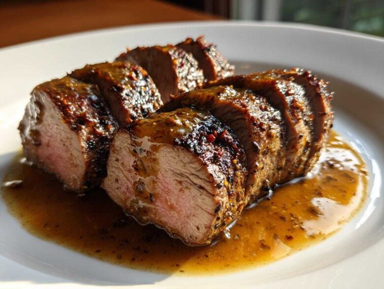 Close-up of sliced maple mustard pork tenderloin, perfectly cooked medium-rare, resting in its savory glaze on a white plate.