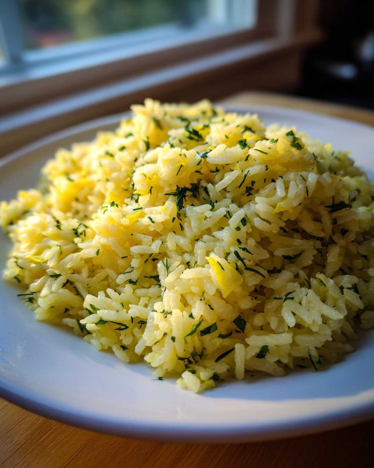 Close-up of a serving of bright yellow mediterranean rice mixed with finely chopped green herbs on a white plate.