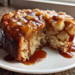 A close-up of a slice taken from a moist apple dapple cake, generously covered in a rich caramel sauce and visible apple chunks.