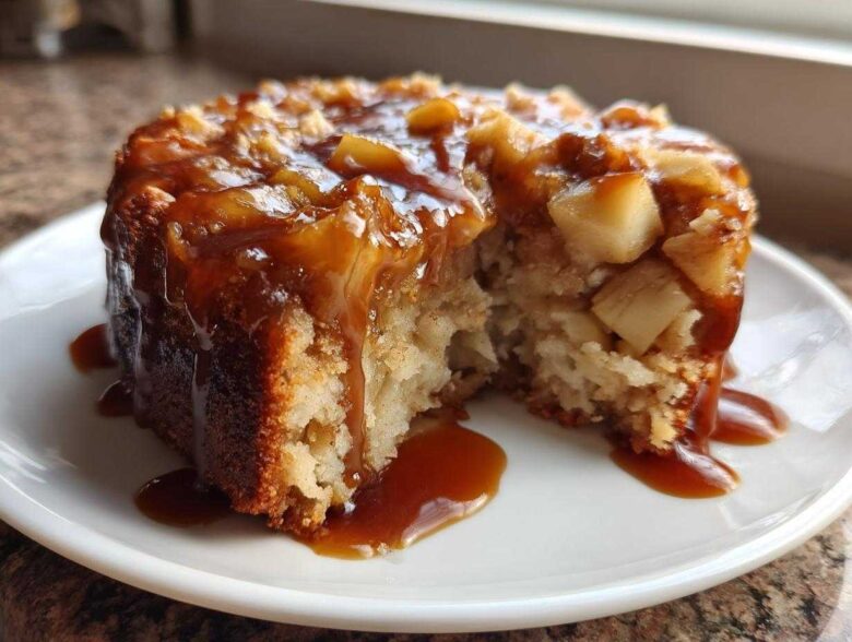 A close-up of a slice taken from a moist apple dapple cake, generously covered in a rich caramel sauce and visible apple chunks.