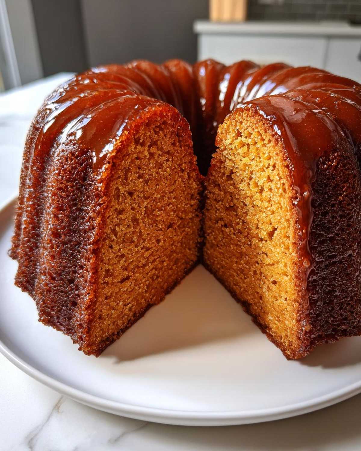 A close-up of a rich, moist Bacardi rum cake, shaped like a bundt cake, cut to show the interior texture and topped with a shiny rum glaze.